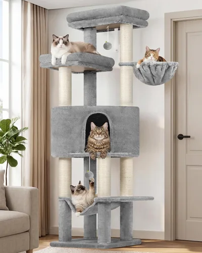 Vista 8 de Globlazer Torre de árbol alto para gatos adultos grandes, torre rascador grande de varios niveles de 65 pulgadas con hamaca, 6 postes rascadores