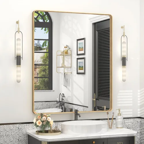 Vista 58 de Espejo rectangular para pared de baño de 20x30 pulgadas con marco negro mate, espejo de tocador con esquinas redondeadas, espejo de baño de metal