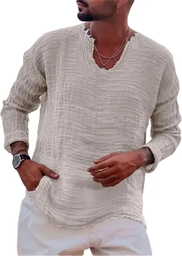 Vista 7 de Camisas casuales de lino para hombre, de manga larga, cuello en V, a la moda, playa, vacaciones, sueltas, lisas, ligeras, básicas