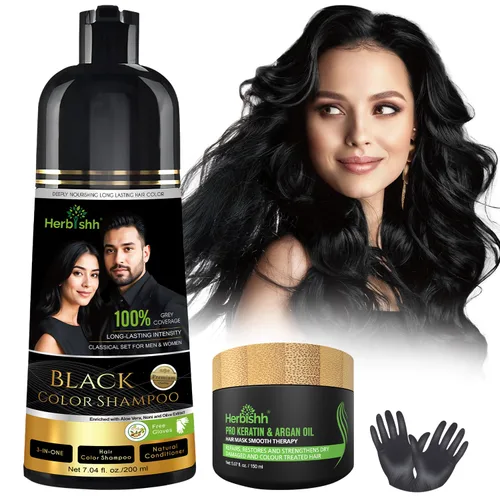 Vista 17 de Herbishh Champú Color Cabello Negro 6.8 fl oz+ Aceite Cabello 1 fl oz+ Aceite de argán y negro