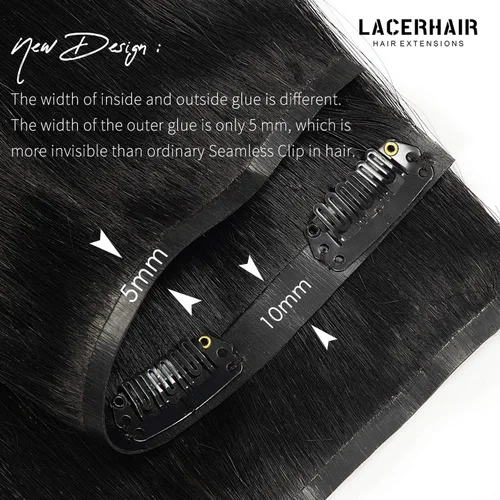 Vista 4 de Lacer Extensiones de cabello humano Remy sin costuras, color negro #1, ultra fino, doble trama de poliuretano, invisible, 7 unidades, 4.33 oz