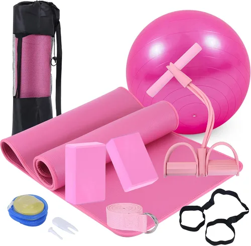 Vista 8 de Juego de esterillas de yoga para principiantes, esterilla de yoga con correa de transporte, bloques de yoga con correa de yoga, pelota de yoga