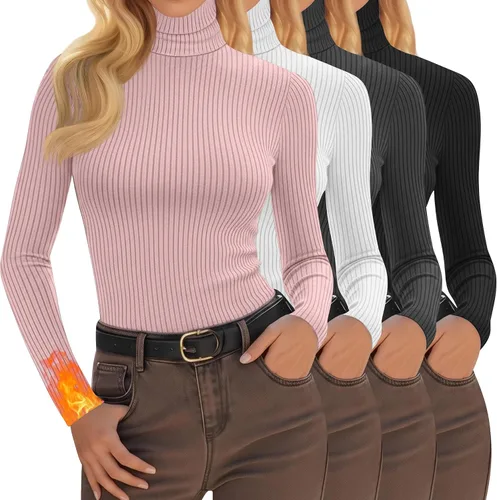 Vista 12 de Oakgarden Paquete de 4 camisetas térmicas de cuello alto para mujer, de manga larga, acanaladas, de algodón, ajustadas, capa base, ropa