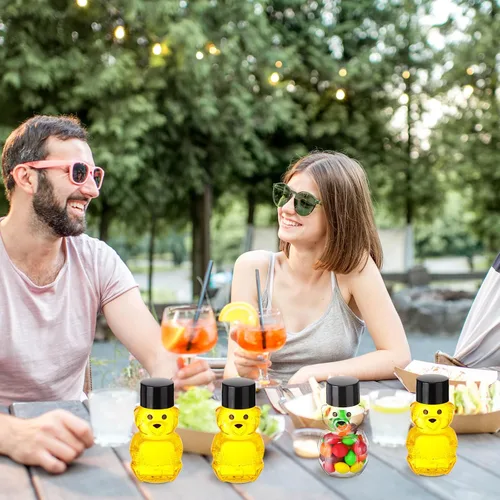 Vista 6 de Patelai 48 botellas de plástico de 2 onzas con osito de miel, recipientes de miel vacíos transparentes a granel, reutilizables, mini tarros