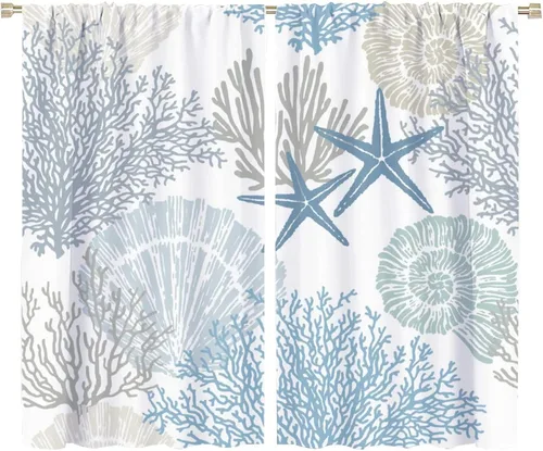 Vista 55 de JESTRONRY Cortina de playa azul y blanca con diseño de estrella de mar y conchas marinas con aislamiento térmico, para oscurecer la habitación, 2