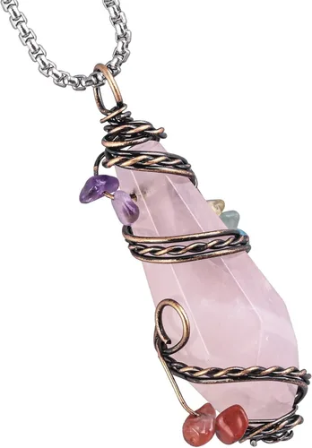 Vista 9 de Nupuyai - Collar con colgante de piedra de cristal de 7 chakras envuelto en alambre para mujeres y hombres, hecho a mano, colgante de punto