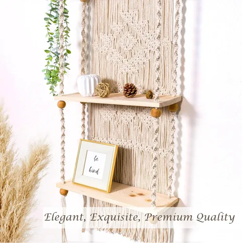Vista 7 de Estante de Pared de Macramé Colgante (Nivel 2, Blanco Natural)