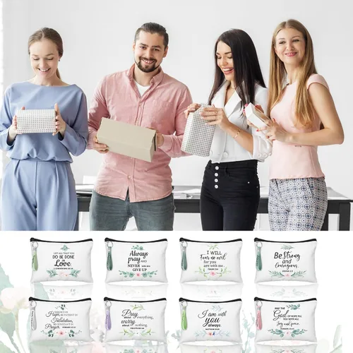 Vista 6 de Panelee 48 bolsas de cosméticos cristianos a granel para mujeres, bolsas de maquillaje con versículos de la Biblia, llaveros inspiradores, regalos