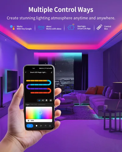 Vista 5 de Tira de luces LED RGB+IC, luz LED Bluetooth inteligente para dormitorio, tiras LED que cambian de color con 44 modos de escena (6.6 pies)
