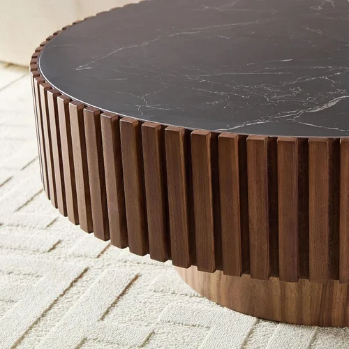 Vista 8 de WILLIAMSPACE Mesa de Café Redonda de 35.43" con Tablero de Piedra Sintética, Mesa Central Circular de Madera Moderna de Estilo Granja para la Sala