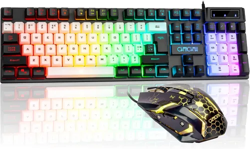 Vista 8 de CHONCHOW Combo de teclado y mouse iluminados, teclado LED RGB para juegos de tamaño completo y mouse para juegos con cable arcoíris para PS4, PS5