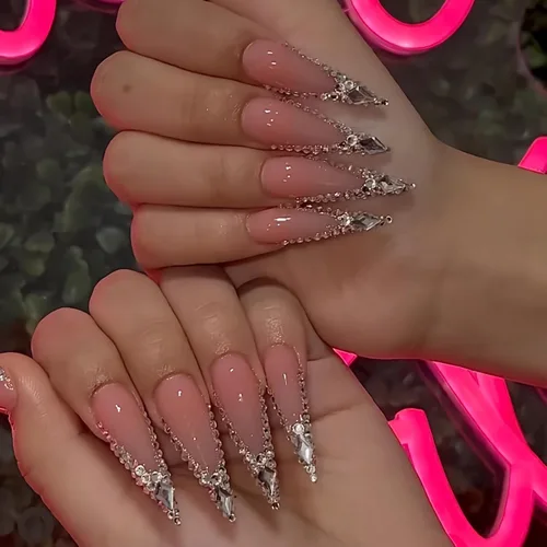 Vista 3 de BABALAL Uñas postizas largas a presión de estilo stiletto, uñas postizas francesas de lujo, con pegamento, diseño de diamantes de imitación