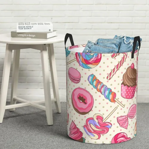 Vista 8 de Cesta de almacenamiento circular Protable con estampado de magdalena de piruleta dulce, cesta para ropa sucia con asas, ropa de dormitorio