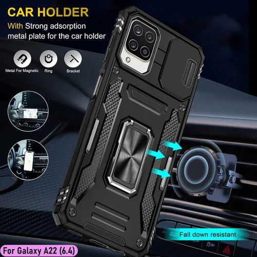 Vista 8 de Funda resistente para Samsung Galaxy A22 (4G), protector híbrido de goma de doble capa de grado militar con protector de cámara deslizante, soporte