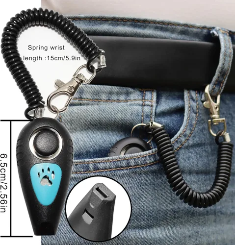 Vista 5 de Clicker de entrenamiento para mascotas con silbato y correa para la muñeca, silbatos de entrenamiento de perros (negro + azul)
