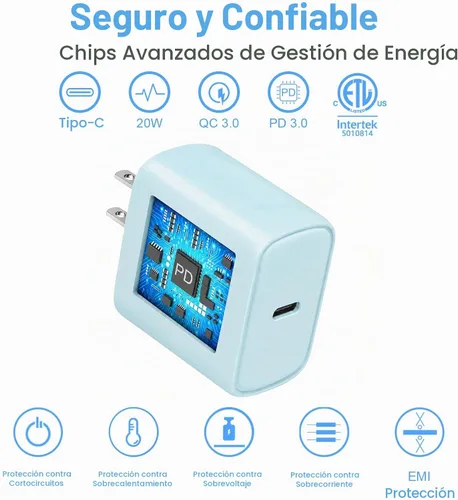 Vista 4 de Cargador de pared USB C de 20 W PD para iPhone 14 13 12 de carga rápida con cable de carga rápida de 1.8 m para iPhone 14/14 Pro/14 Pro Max/14 Azul