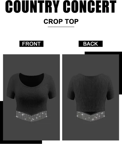 Vista 5 de Dresswel Nashville - Blusa corta brillante de manga corta con flecos de diamantes de imitación para verano, blusa corta con borlas y purpurina
