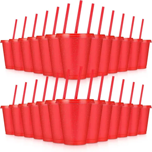 Vista 16 de 24 Piezas Vasos de Plástico con Tapas y Pajitas, Vasos Reutilizables con Tapas Vasos Coloridos de Plástico para Fiesta de Cumpleaños, Taza de Café