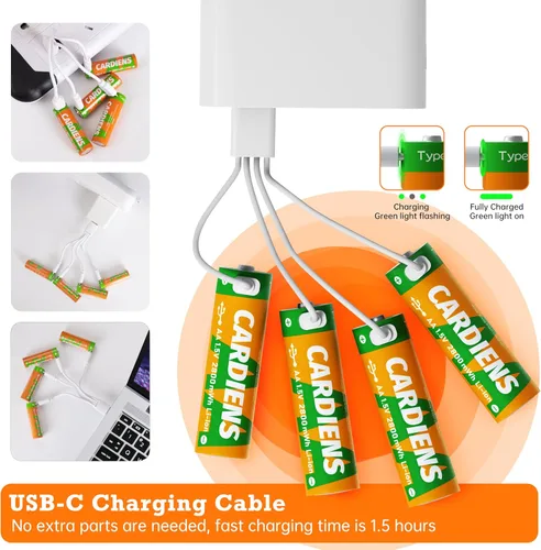 Vista 2 de Baterías AA recargables USB 2800mWh, baterías AA de litio recargables de 1.5 V, doble A, con cable de carga USB-C 4 en 1 e indicador de carga LED