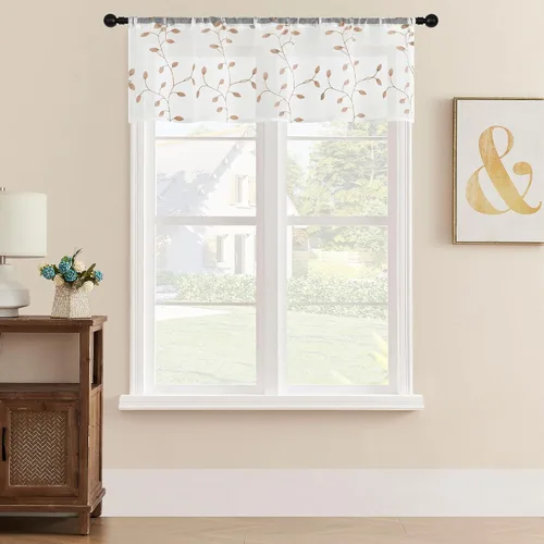 Vista 9 de MRTREES Cenefa de cortina transparente de Navidad, 2 paneles de cortinas bordadas con hojas pequeñas de 54 x 16 pulgadas, bolsillo para barra
