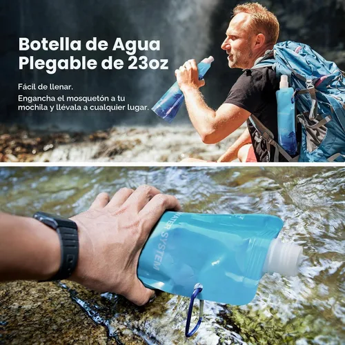 Vista 4 de Membrane Solutions Botella de agua plegable de 23 onzas, botella de agua plegable con mosquetón, sin BPA, a prueba de fugas para viajes, camping