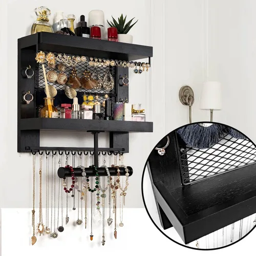 Vista 5 de Pinzoveco Organizador de joyas colgante montado en la pared con soporte organizador de joyas de pared para collares, pulsera, aretes, anillo (negro)