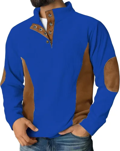 Vista 8 de Camisas de pana para hombre, con un cuarto de botón, estilo vintage, casual, a la moda, con parche en el codo