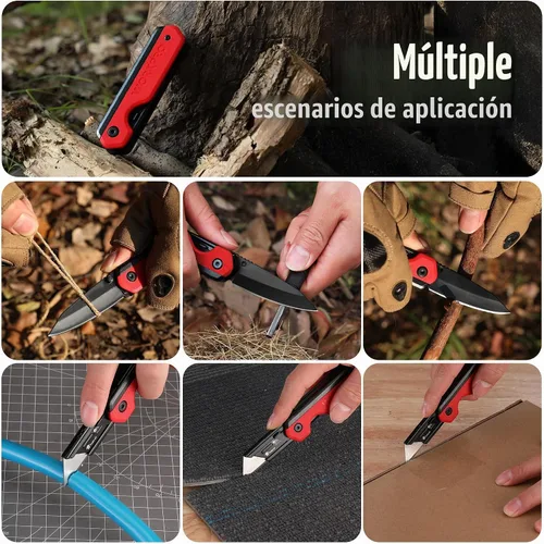 Vista 8 de WORKPRO Cuchillo plegable 2 en 1, cortador de caja de cambio rápido con clip para cinturón, bloqueo de revestimiento y mango G10, 10 cuchillas SK5