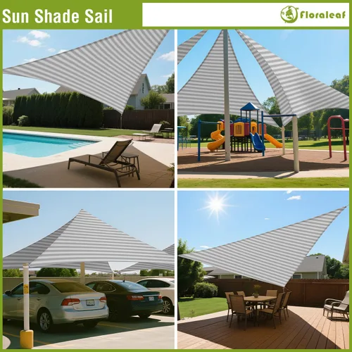 Vista 2 de Toldo triangular derecho a rayas grises y blancas, 2 x 2 x 3 pies, tela permeable al aire, toldo resistente para patio, jardín, al aire libre