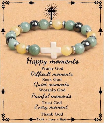 Vista 14 de JoycuFF Regalos Cristianos, Pulseras de Cruz para Mujeres, Joyería Cristiana Católica Religiosa de Fe de Pascua, Pulseras de Piedra Natural