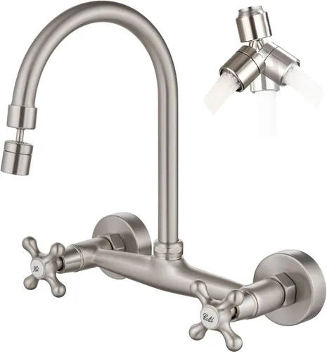 Vista 13 de Airuida Grifo de cocina de montaje en pared con rociador, grifo de fregadero de cocina montado en la pared, manijas dobles cruzadas, boquilla