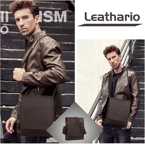 Vista 7 de Leathario Bolso bandolera de cuero genuino para hombre, bolso de hombro para hombre, pequeño mensajero, retro, viaje, trabajo