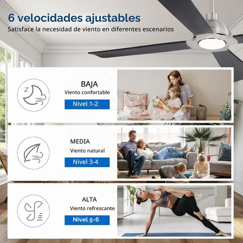 Vista 6 de WINGBO Ventilador de techo CC de 56 pulgadas con luces y control remoto, 4 aspas de madera maciza, 3CCT, motor CC reversible de 6 velocidades Níquel