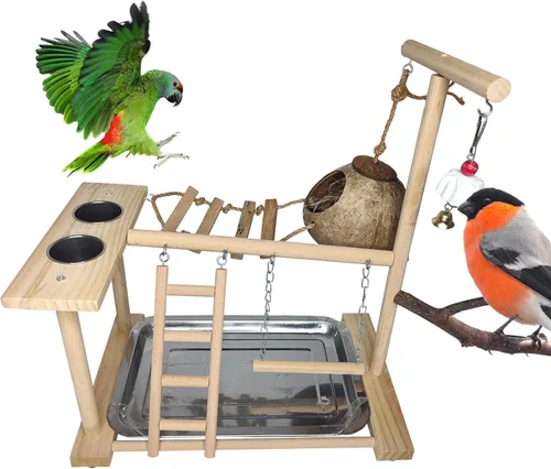Vista 12 de Hamiledyi Parque de Loros Juguetes de Pájaros Soporte de Madera Ejercicio Perca Gimnasio con Tazas Alimentadoras Juguetes para Cacatúas con Escalera