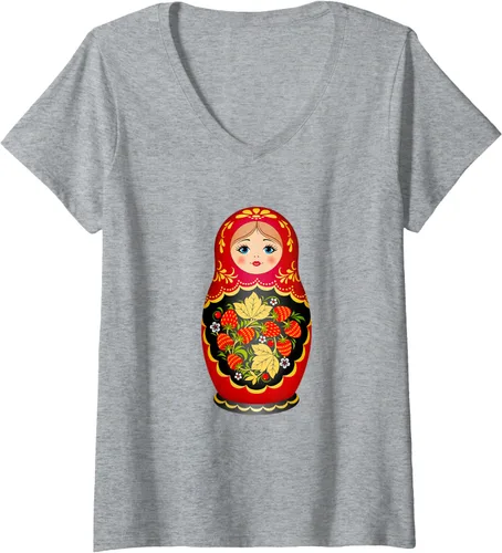 Vista 7 de Hermosa camiseta de Matryoshka Russian Strawberry Nesting Doll con cuello en V para mujer, Negro, S