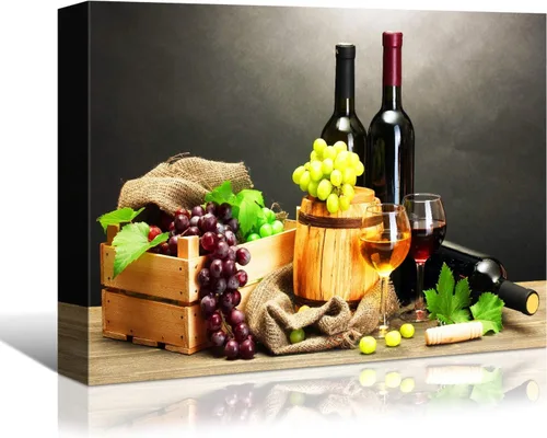 Vista 17 de Denozer - Arte de pared para cocina, lienzo, obras de arte de frutas, uvas, botellas de vino, alimentos, pintura en lienzo para comedor, decoración