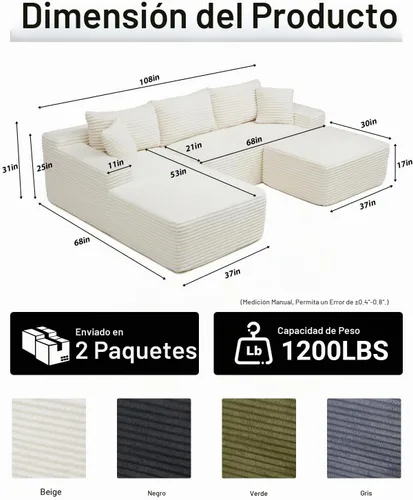 Vista 2 de Sofá modular sin huesos, sofá modular de 108 pulgadas con asiento profundo, sofás de pana en forma de U con diván izquierdo para sala de estar,