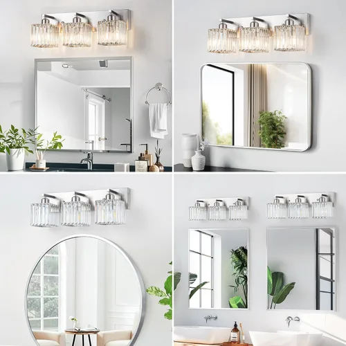 Vista 2 de Moderna lámpara de tocador de baño, 3 luces, accesorios de luz de cristal, cromo Lámparas de cristal sobre espejo,Lámpara de pared de cristal