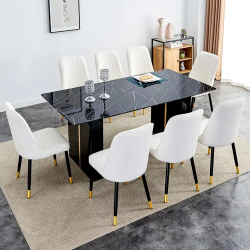 Vista 18 de Juego de mesa de comedor de vidrio de 71 pulgadas para 6, mesa de comedor para 6, mesa de vidrio templado con marco de MDF blanco y 6 sillas