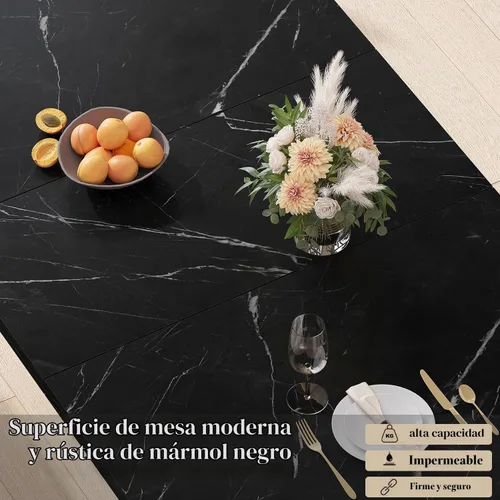 Vista 3 de HSH Mesa de comedor de mármol sintético negro, mesa de comedor moderna de 63 pulgadas para 6 personas, mesa de cocina rectangular de granja