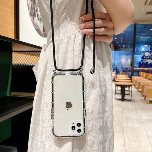 Vista 3 de Funda transparente para iPhone 12 Pro Max con cordón cruzado, delgada, translúcida, a prueba de golpes, suave, con correa de hombro ajustable