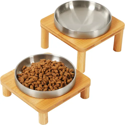 Vista 11 de DoogCat Cuencos elevados para gatos de interior – Mesa elevada de bambú para gatos con 2 platos de acero inoxidable, altura ajustable