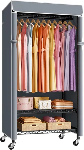 Vista 16 de ULIFHOME P6C - Perchero mediano con tapa, estante de ropa cubierto