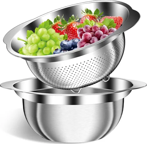 Vista 8 de Colador de acero inoxidable con tazón para mezclar, lavadora de arroz, colador para cocina, colador de arroz, lavado de frutas y verduras, colador