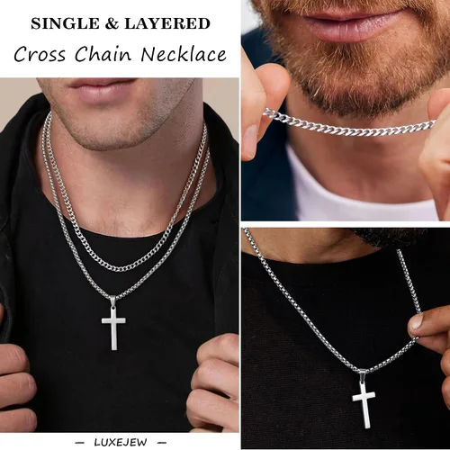 Vista 4 de LUXEJEW Collar de cruz de acero inoxidable para hombres y niños, cadena de eslabones cubanos de plata dorada y negra, cadena de cadena con colgante