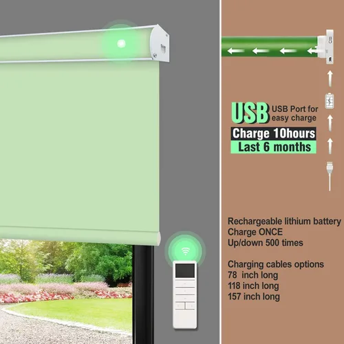 Vista 2 de Persianas enrollables opacas automáticas con cenefa, diseño inalámbrico verde manzana, persianas motorizadas recargables con cenefa de metal a