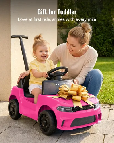 Vista 7 de Dodge Ride on Push Car con licencia para niños pequeños de 1 a 3 años con mango y música Rosa