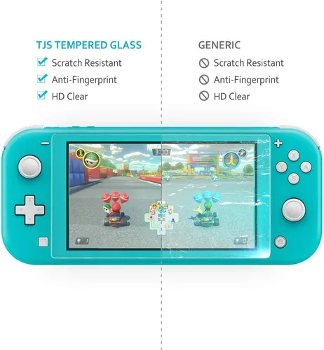 Vista 2 de TJS Nintendo Switch Lite - Protector de pantalla vidrio templado 2 piezas funciona mientras se acopla, 0.012in de grosor, sin burbujas, ultra