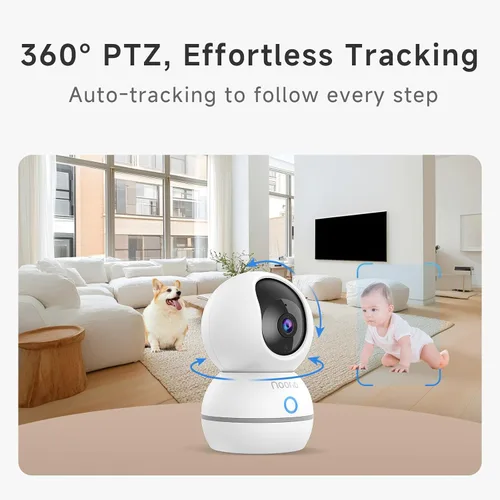 Vista 6 de Noorio Cámara de seguridad para interiores, cámara UHD de 4 MP para mascota/perro de 360 grados para seguridad del hogar, llamada de un solo toque