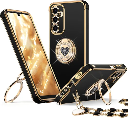 Vista 21 de XYZ Funda para Galaxy A14 5G con soporte y doble anillo, funda de lujo para Samsung A14 5G, color negro